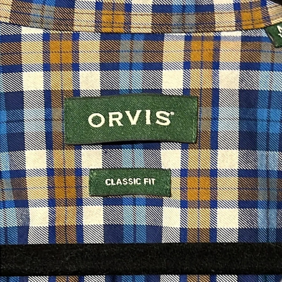🌻 ORVIS Men’s sz M Tall Classic Fit Blue and Tan Button Down - Picture 3 of 5